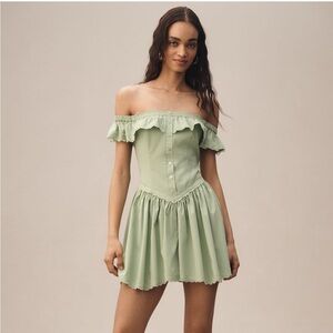 Anthropologie Green Off-Shoulder Mini Dress